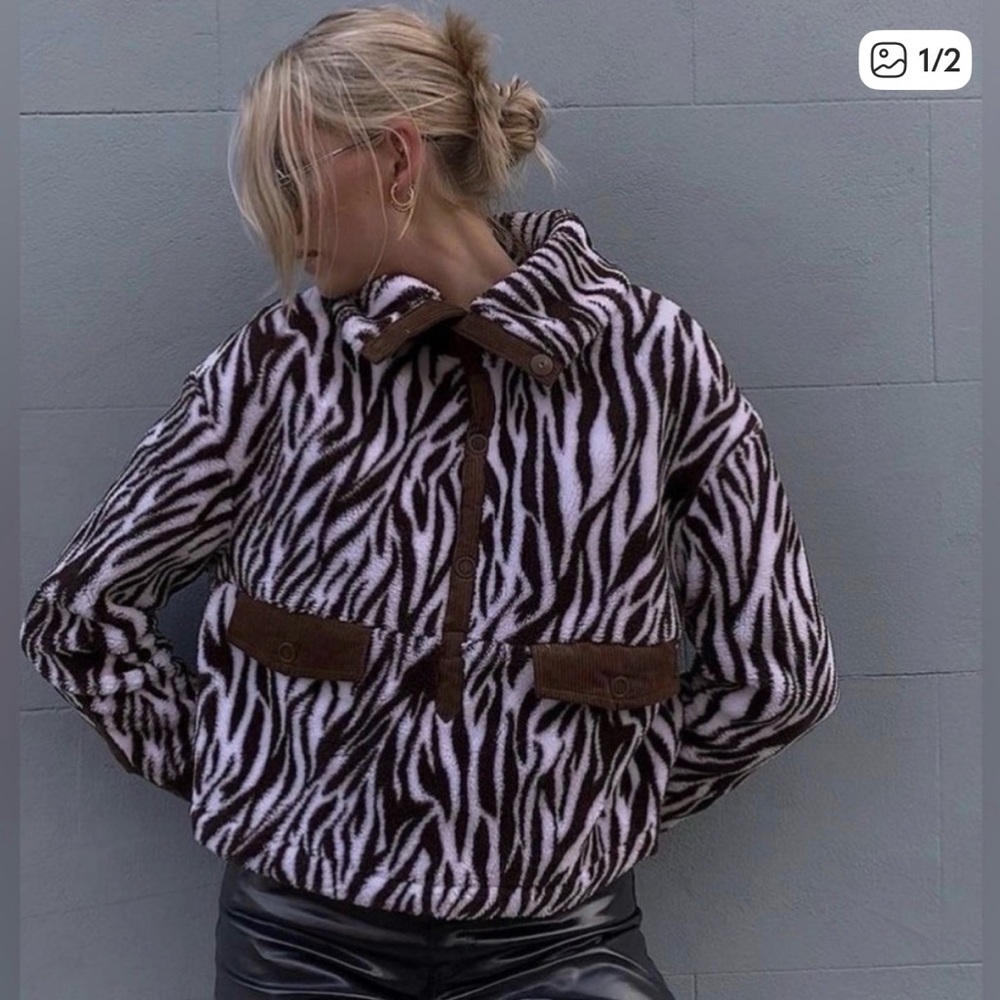House of Sunny Brown and White Zebra Fleece Sweater